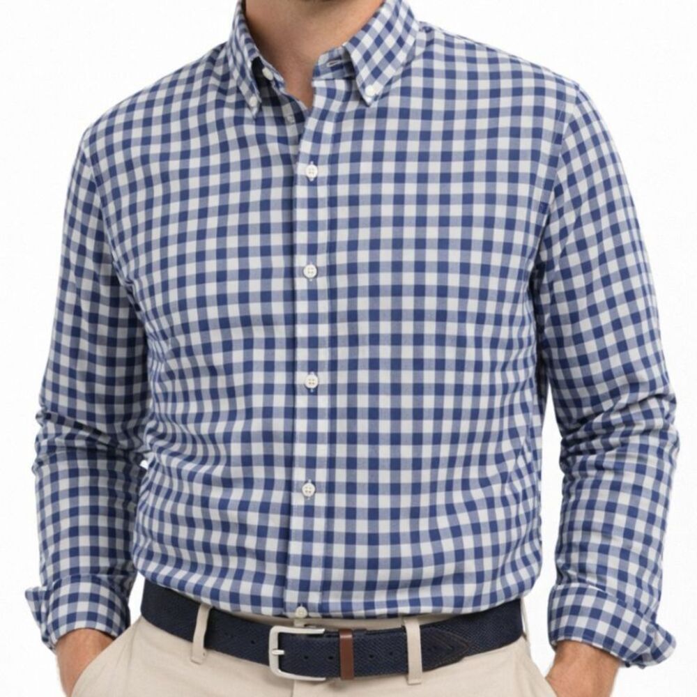 J.Crew Mens Medium Tall MT Gingham Shirt Navy White Cotton Preppy Light Academia